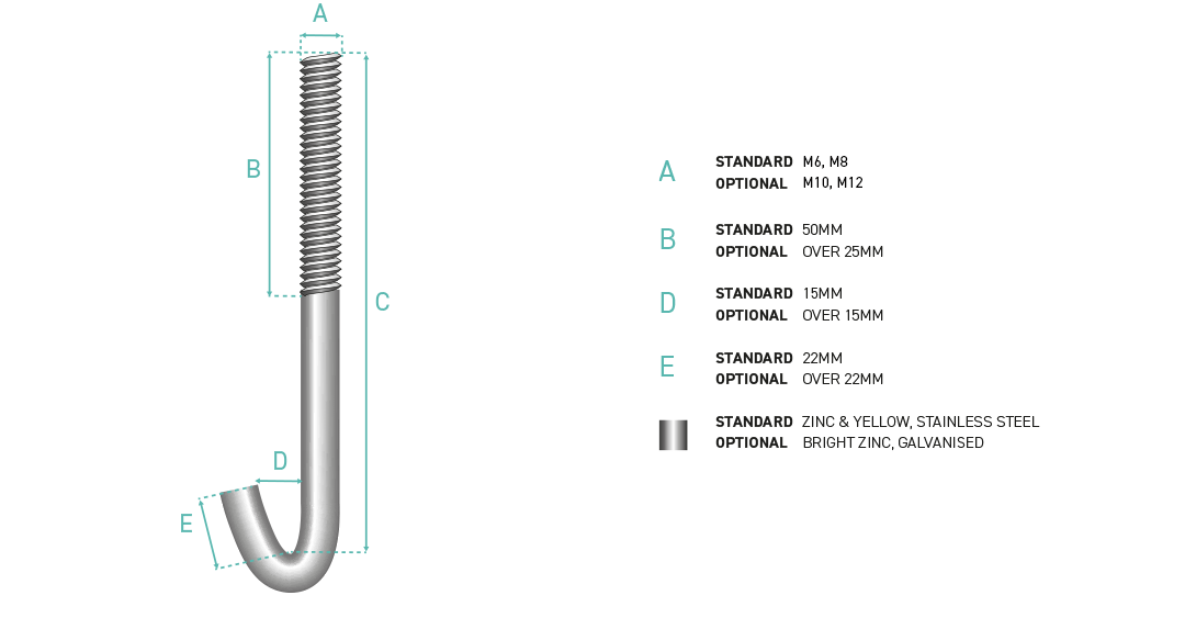 M8 x 180mm Hook Bolts (100)